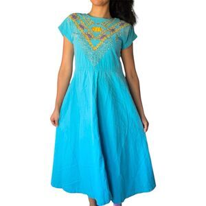 Vtg Panhandle Slim Turquouse Western Dress Womens 8 Beaded Sunburst Prairie Boho